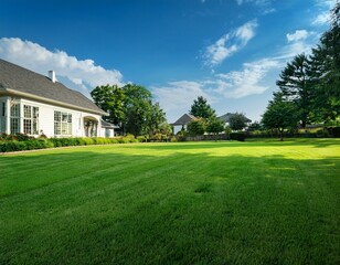 a large green lawn with a house in the background the grass is well maintained and the view of the house is beautiful