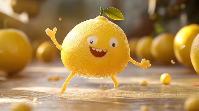 Playful, animated lemon character in a vibrant, digital artwork.