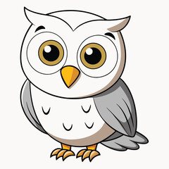 Animated owl with a yellow beak stands on its toes near white background