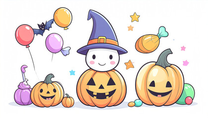 Fototapeta premium A cheerful Halloween scene with cartoon pumpkins, a whimsical witch-hatted marshmallow character, balloons, candy, and bats against a white background