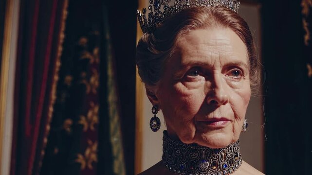 A regal, vintage-style video featuring a woman in royal attire seated on a throne. Captured from a straight-on camera angle in an ornate room.