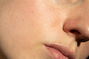 Macro shot of woman's cheek and nose with visible pores in natural light. Perfect for skincare, real beauty, facial treatment, or dermatological themes.