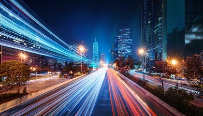 Fototapeta premium city nightscape with light trails stunning long exposure photograph of city streets at night showcasing vibrant light trails from moving vehicles