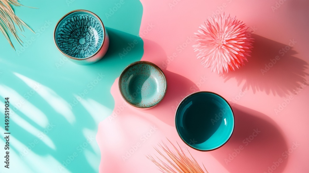 Poster playful colorful abstract objects on dual toned background in surreal design inspired composition