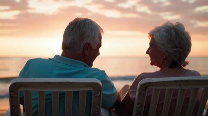 Back view of elder couple looking at sunset on vacation sitting on beach chairs. motion - Powered by Adobe