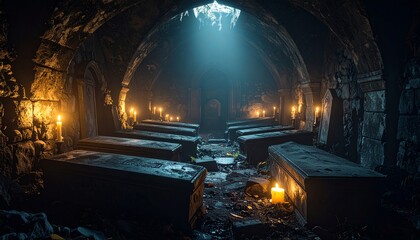 Atmospheric interior of a dimly lit crypt with lit candles, coffins, and a gothic archway.