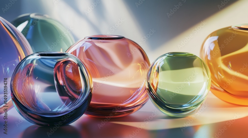 Poster glass spheres in rainbow colors reflecting light on smooth gradient background in artistic studio se