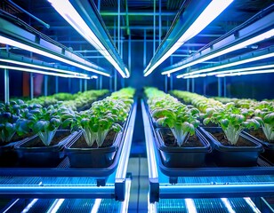a vibrant indoor garden under blue led lights showcasing rows of healthy green plants in trays promoting sustainable growth