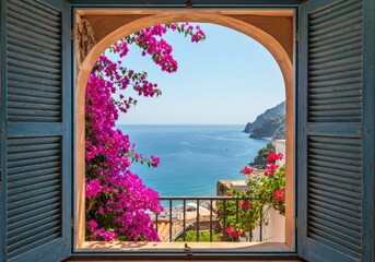 A beautiful coastal view from an open window framed by vibrant pink bougainvillea flowers. © Ozz
