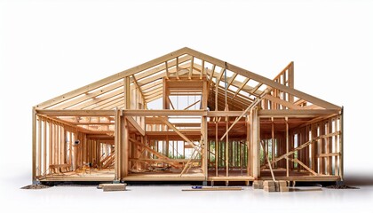 framed wooden house structure under construction isolated on white background