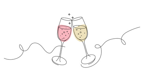 Continuous one line drawing of two champagne glasses. Illustration in simple linear style. Vector isolated on white background