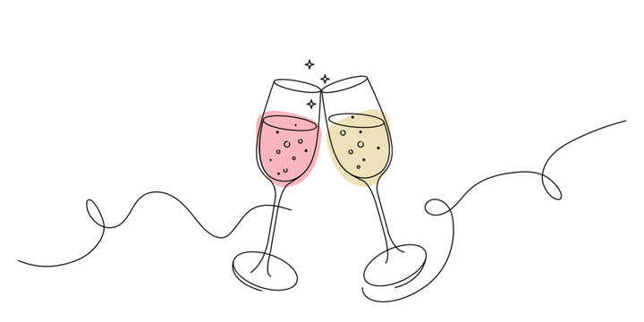 Continuous one line drawing of two champagne glasses. Illustration in simple linear style. Vector isolated on white background