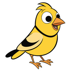 A whimsical cartoon bird with big eyes and yellow plumage stands cheerfully