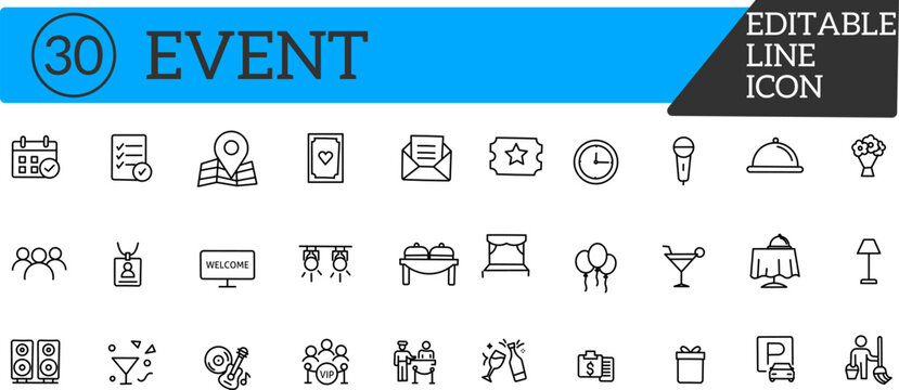 Vector illustration in modern thin line style of event-related icons: scheduling, logistics, invitation, management, and more. Pictograms and infographics for professional use.