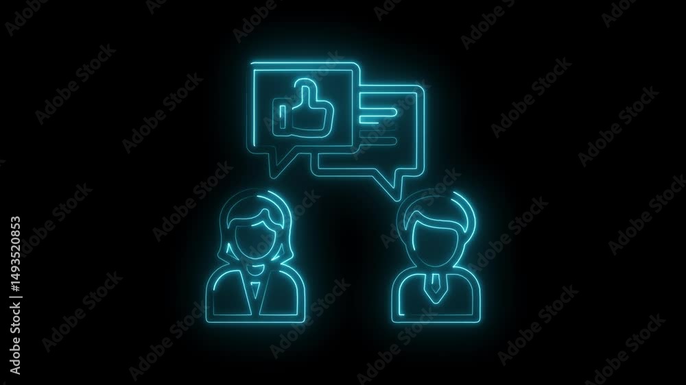 Poster neon people communication dialog with thumb up and comments animation on black background