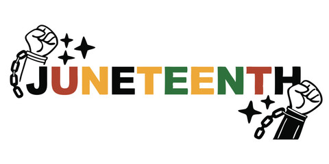 Juneteenth celebration design featuring freedom fist emblems and stylized text on a white background