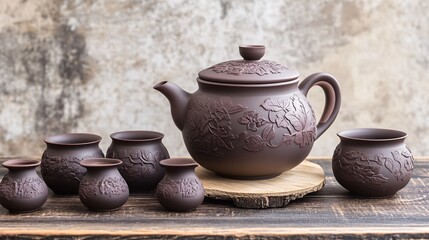 clay teapot and cups