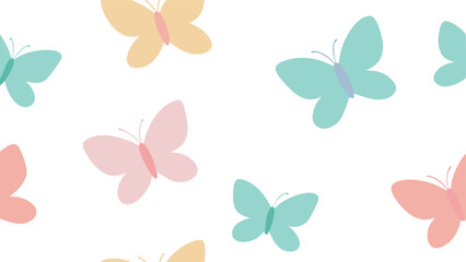 Butterflies Seamless Pattern in Soft Pastel Colors on White Background.