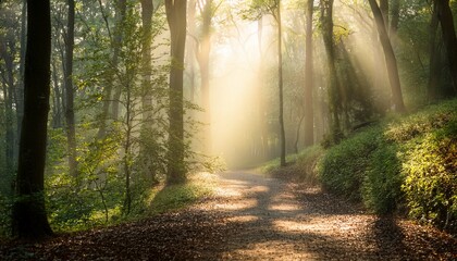 Obraz premium misty forest path sunlight dappled nature tranquility background design
