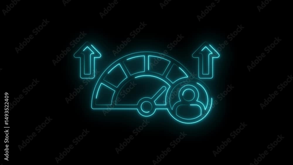 Poster glowing neon performance dashboard displaying growth and progress with upward arrows and user icon