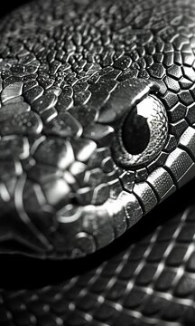 A close-up of a snake's head, detailed scales, and a focused eye. The skin texture showcases patterns, depth, and contrast in black and white. This photo delivers stunning imagery