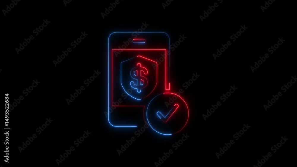 Poster animated neon illustration of secure mobile payment with dollar symbol and checkmark