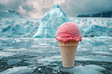 A pink ice cream cone is on the ground in front of an iceberg