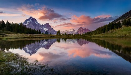 serene mountain landscape reflecting in calm waters under a dramatic sky at twilight
