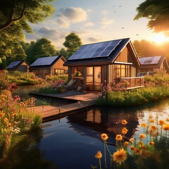 Obraz premium Nachhaltige Tiny-Häuser am See mit Badesteg und Naturgarten