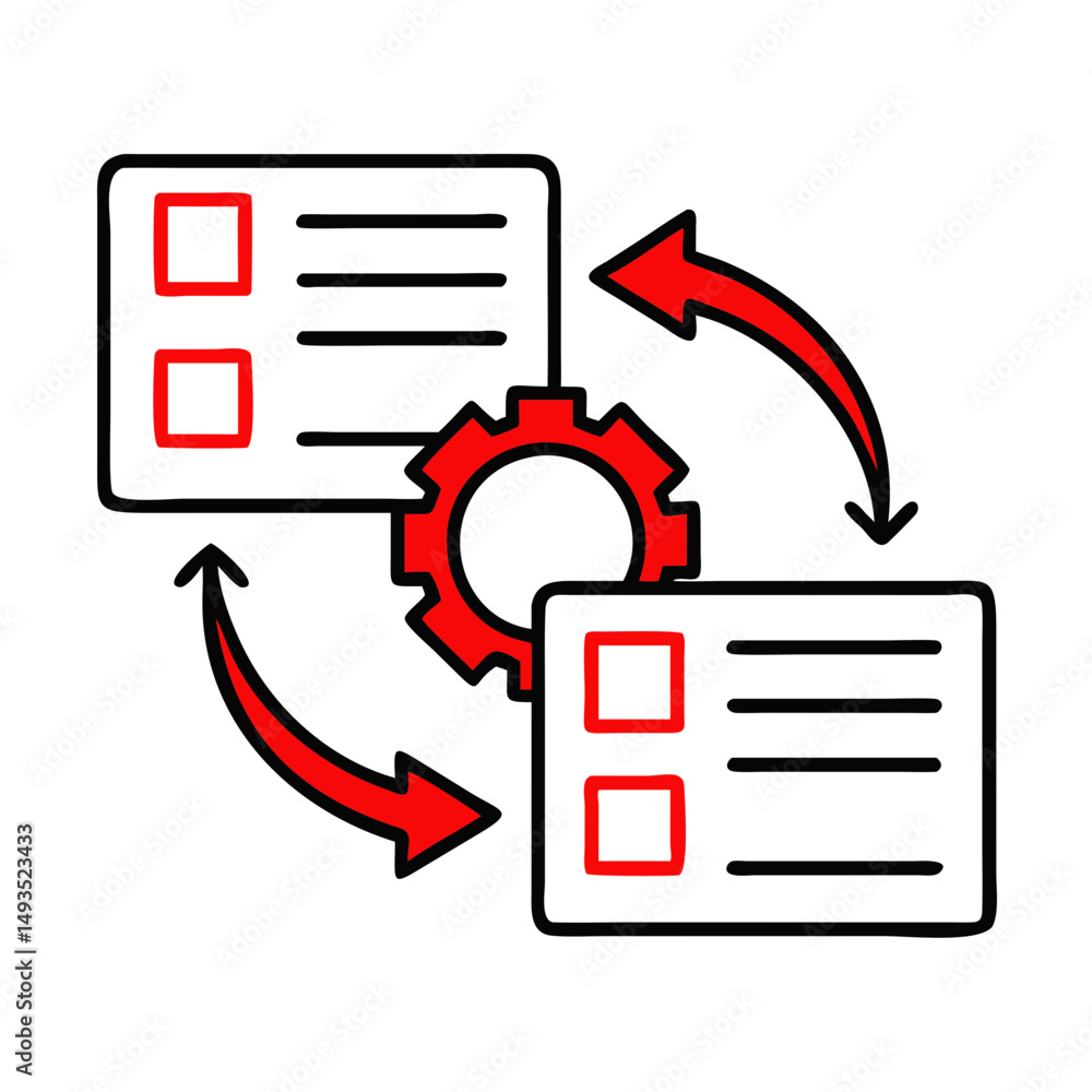 Poster data synchronization process, illustrated with red arrows and cogwheel, for websites and presentatio