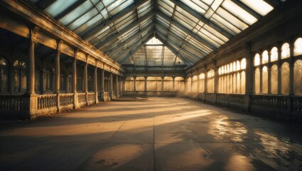 Hauntingly beautiful abandoned glass conservatory bathes in soft golden light, casting long shadows through broken windows and arches, blending decay with architectural elegance