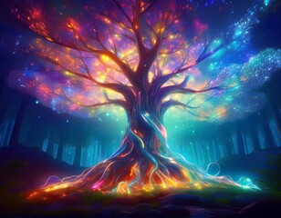 a surreal depiction of a glowing tree generating power through bioluminescent branches surrounded by a vibrant forest fantasy ethereal tones