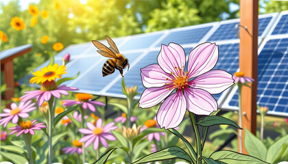 Bee balm blooming in a pollinator garden with solar panels in the background illustrating sustainability and the coexistence of science and nature.  Bee balm is a flowering plant in the mint family,