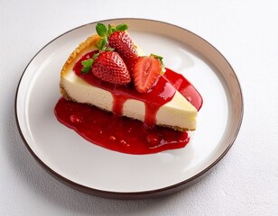delicious cheesecake slice topped with vibrant strawberries and berry sauce perfect for desserts and sweet treats white background