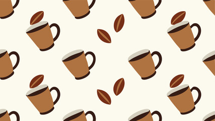 Coffee Cups and Beans Seamless Pattern on White Background.