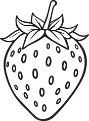 A black and white line art illustration of a strawberry.