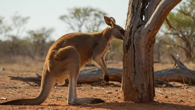 Red Kangaroo Sniffing Tree in Australian Outback