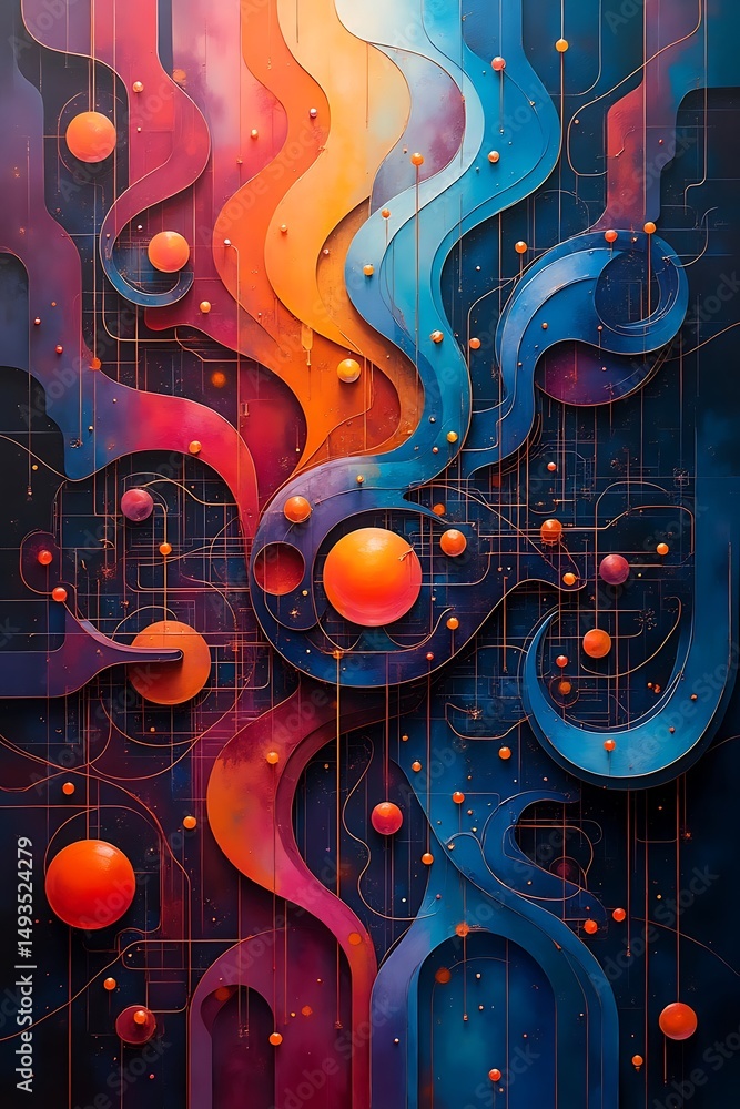 Poster colorful abstract artwork featuring flowing vibrant shapes and interconnected glowing spheres with i
