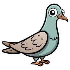 Cartoon pigeon stands upright looking forward with round expressive eyes is shown here