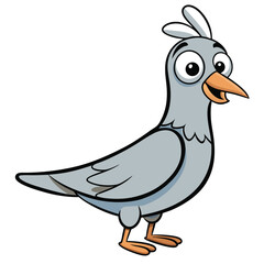 Cartoon pigeon stands playfully, showcasing its gray feathers and orange beak on white