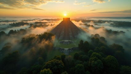 Photorealistic aerial view of a Mayan pyramid rising through jungle mist at sunrise, with cinematic lighting and rich tropical atmosphere. Ideal for travel, history, and archaeological themes.