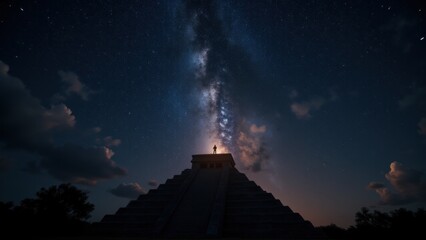 Cinematic night scene of a Mayan priest gazing at the stars from a pyramid top, under glowing constellations and clear skies. Perfect for astronomy, history, and cultural heritage themes.