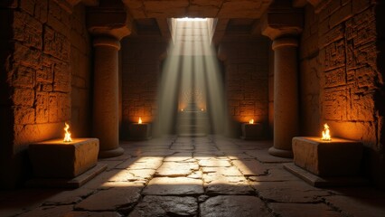 Temple interior of the ancient Maya, featuring stone altars and walls covered in glyphs, lit by flickering firelight. Suitable for cinematic and historical content.