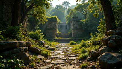 Abandoned Mayan village ruins overgrown by jungle vegetation with remnants of pottery and ancient stone pathways, captured in warm late afternoon light. Ideal for archaeological and documentary visual