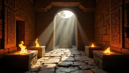 Realistic interior of a Mayan temple illuminated by firelight, with carved glyphs casting dramatic shadows and ancient altars enhancing a mystical atmosphere. Ideal for fantasy, history, and cultural 