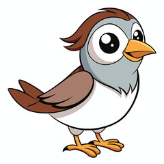 Cartoon sparrow stands showing its brown feathers and yellow beak while observing something