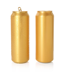 Two golden tin cans isolated on white