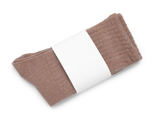 Pair of brown socks isolated on white, top view