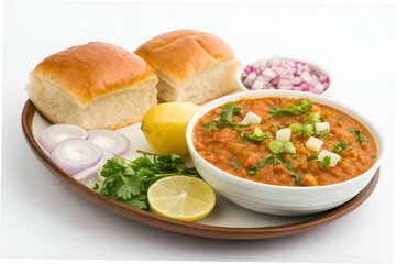 Delicious Indian cuisine featuring a serving of flavorful curry accompanied by freshly baked bread rolls, chopped onions, lemon, and fresh herbs