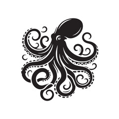 Obraz premium Black Color Octopus Silhouette Vector Illustration, Solid White Background. minimal vector design